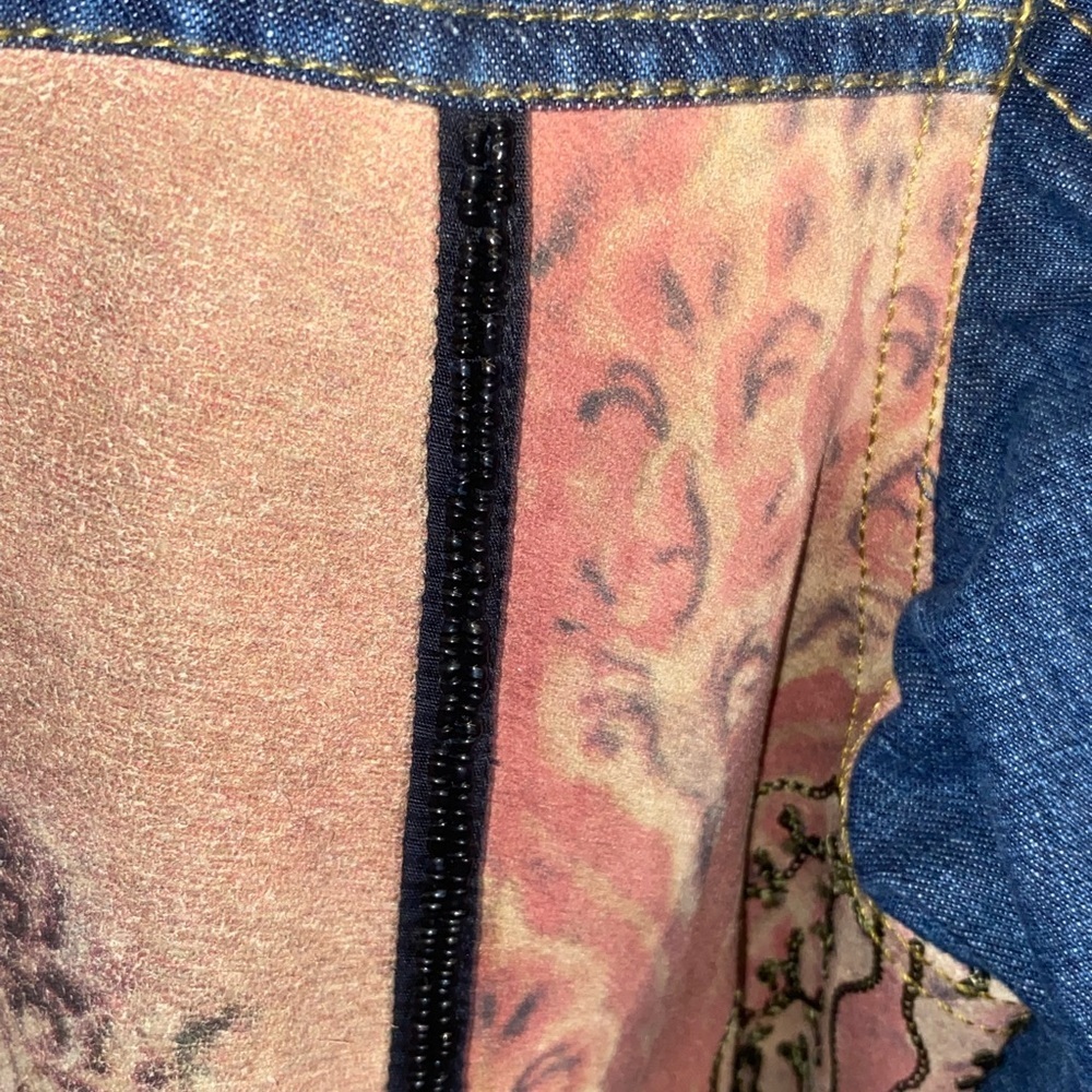 Vintage 90s Chico's Jean jacket suede panels Embroidery Beaded Asian Geisha - Picture 8 of 16